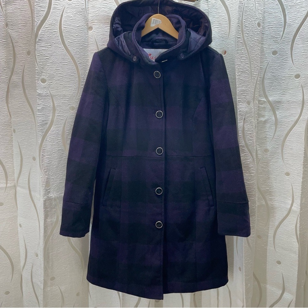 Le Grenier Wool Blend Hooded Coat Womens 9 Purple Black Plaid Bow Back‎